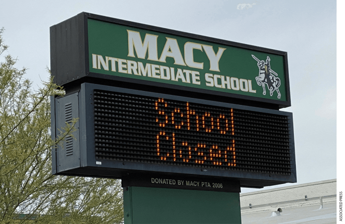 "School Closed" sign at Macy Intermediate in the wake of the coronavirus COVID-19 pandemic outbreak, Wednesday, March 18, 2020, in Monterey Park, Calif.