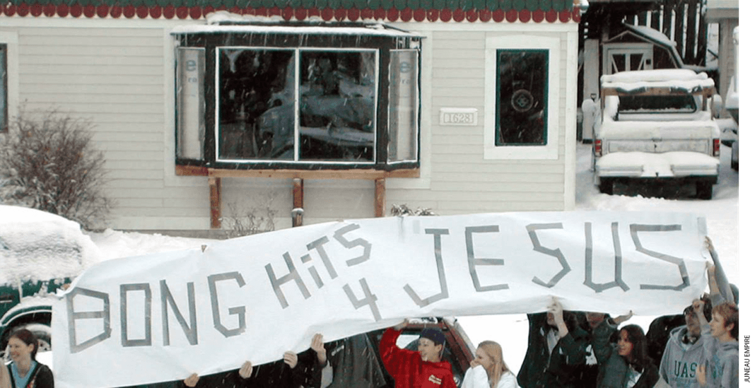 Joseph Frederick, a 12th-grade student in Juneau, Alaska, created the “BONG HiTS 4 JESUS” banner and displayed it across the street from his school during a parade.
