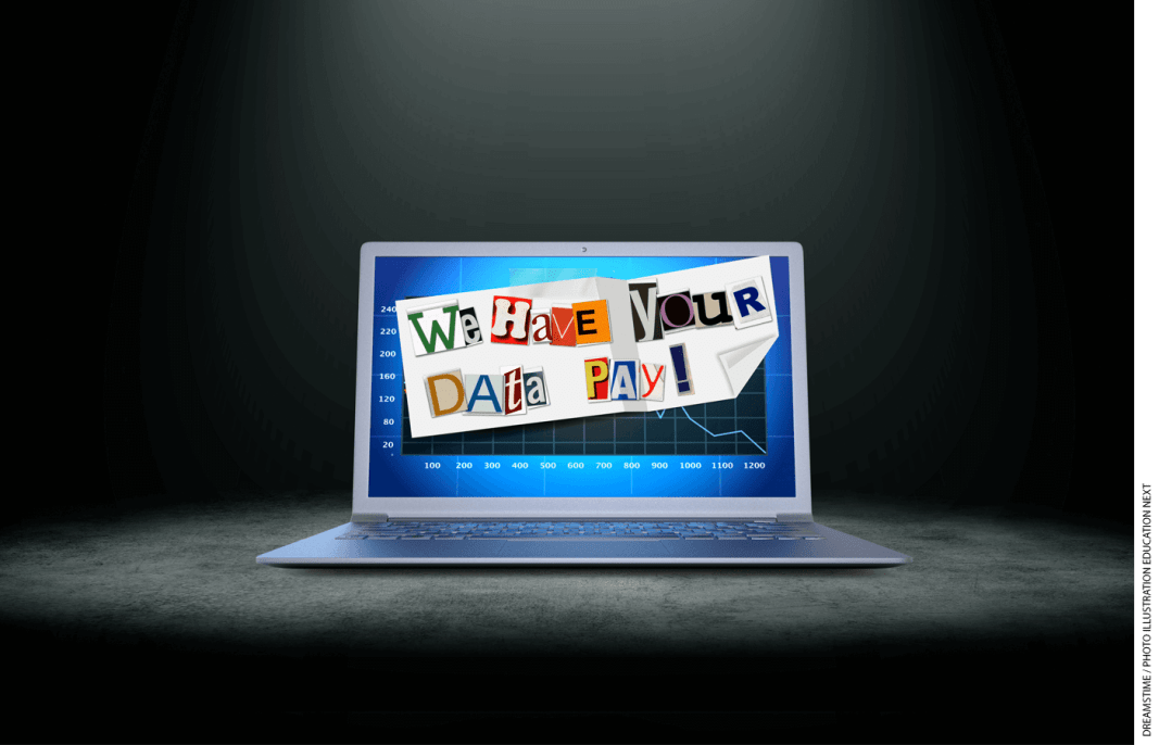 Illustration of a laptop with "WE HAVE YOUR DATA PAY" on the screen
