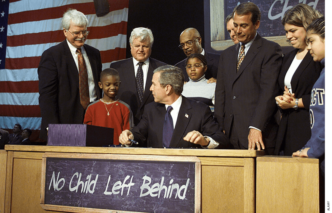 President George W. Bush signs the No Child Left Behind Act into law on January 8, 2002, surrounded by students and lawmakers.
