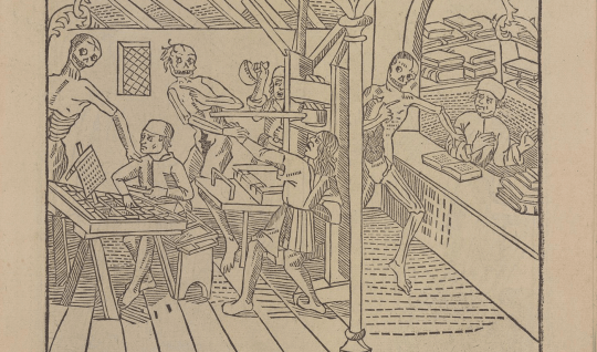 The Lyons Danse macabre at the Princeton University library, one of two surviving copies, contains the earliest depiction of a printing shop: one skeleton of death seizes the surprised compositor, another the pressman, and another, in adjacent scene, a dismayed bookseller standing at his counter.