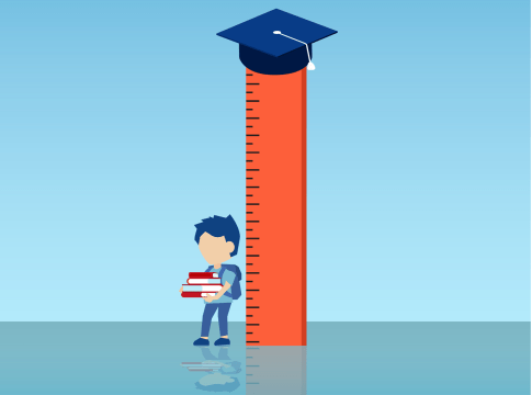 Illustration of a student standing next to a ruler