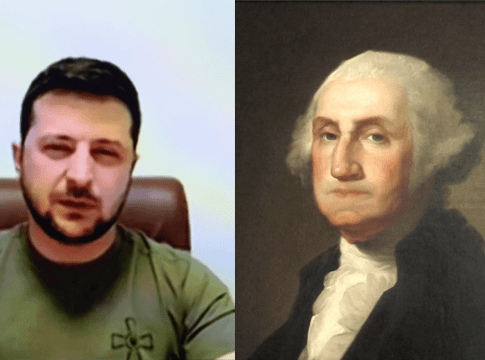 Two photos, one of Volodymyr Zelensky and one of George Washington
